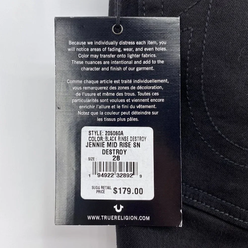 True Religion Jennie Curvy Mid Rise Skinny Distressed Black Jeans Women's Sz 28